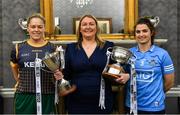 25 May 2022; Monica McGuirk of Meath, left, and Niamh Collins of Dublin with Leinster LGFA President Trina Murray during the TG4 Leinster LGFA Senior Championship Captain’s Evening 2022 at Johnstown Estate Hotel in Meath. Photo by Brendan Moran/Sportsfile