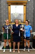25 May 2022; Monica McGuirk of Meath, left, and Niamh Collins of Dublin with Leinster LGFA President Trina Murray during the TG4 Leinster LGFA Senior Championship Captain’s Evening 2022 at Johnstown Estate Hotel in Meath. Photo by Brendan Moran/Sportsfile