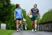 25 May 2022; Niamh Collins of Dublin, left, and Meath goalkeeper Monica McGuirk during the TG4 Leinster LGFA Senior Championship Captain’s Evening 2022 at Johnstown Estate Hotel in Meath. Photo by Brendan Moran/Sportsfile