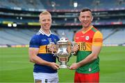 25 May 2022; Teddy Doyle of Tipperary, left, and Darragh Foley of Carlow during the Tailteann Cup launch at Croke Park in Dublin. Photo by Ramsey Cardy/Sportsfile