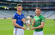24 May 2022; Mickey Quinn of Longford, left, and Declan McCusker of Fermanagh during the Tailteann Cup launch at Croke Park in Dublin. Photo by Ramsey Cardy/Sportsfile