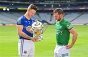 24 May 2022; Mickey Quinn of Longford, left, and Declan McCusker of Fermanagh during the Tailteann Cup launch at Croke Park in Dublin. Photo by Ramsey Cardy/Sportsfile