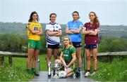 24 May 2022; Senior Championship players, from left, Susanne White of Donegal, Karen McGrath of Waterford, Orlagh Lally of Meath, Jennifer Dunne of  Dublin and Olivia Divilly of Galway with the Brendan Martin cup at the Knowth megalithic passage-tomb site in County Meath. TG4 has today announced a five-year extension of their sponsorship of the All-Ireland Ladies Football inter-county championships, with the new deal set to last until the conclusion of the 2027 season. The 2022 TG4 All-Ireland Ladies Football Championships get underway next Sunday, May 29, with the first round of Intermediate Fixtures, and will conclude on Sunday, July 31, when the winners of the Junior, Intermediate & Senior Championships will be revealed. 13 Championship games will be broadcast exclusively live by TG4 throughout the season, with the remaining 47 games available to view on the LGFA and TG4’s dedicated online platform: https://page.inplayer.com/lgfaseason2022/tg4.html In addition, the TG4 Leinster Senior Final between Dublin and Meath will also be televised live by TG4 from Croke Park next Saturday, May 28. #ProperFan . Photo by Brendan Moran/Sportsfile