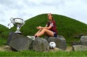 24 May 2022; Olivia Divilly of Galway poses for a portrait with the Brendan Martin cup at the Knowth megalithic passage-tomb site in County Meath. TG4 has today announced a five-year extension of their sponsorship of the All-Ireland Ladies Football inter-county championships, with the new deal set to last until the conclusion of the 2027 season. The 2022 TG4 All-Ireland Ladies Football Championships get underway next Sunday, May 29, with the first round of Intermediate Fixtures, and will conclude on Sunday, July 31, when the winners of the Junior, Intermediate & Senior Championships will be revealed. 13 Championship games will be broadcast exclusively live by TG4 throughout the season, with the remaining 47 games available to view on the LGFA and TG4’s dedicated online platform: https://page.inplayer.com/lgfaseason2022/tg4.html In addition, the TG4 Leinster Senior Final between Dublin and Meath will also be televised live by TG4 from Croke Park next Saturday, May 28. #ProperFan . Photo by Brendan Moran/Sportsfile