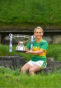 24 May 2022; Clare Owens of Leitrim poses for a portrait with the Mary Quinn memorial cup at the Knowth megalithic passage-tomb site in County Meath. TG4 has today announced a five-year extension of their sponsorship of the All-Ireland Ladies Football inter-county championships, with the new deal set to last until the conclusion of the 2027 season. The 2022 TG4 All-Ireland Ladies Football Championships get underway next Sunday, May 29, with the first round of Intermediate Fixtures, and will conclude on Sunday, July 31, when the winners of the Junior, Intermediate & Senior Championships will be revealed. 13 Championship games will be broadcast exclusively live by TG4 throughout the season, with the remaining 47 games available to view on the LGFA and TG4’s dedicated online platform: https://page.inplayer.com/lgfaseason2022/tg4.html In addition, the TG4 Leinster Senior Final between Dublin and Meath will also be televised live by TG4 from Croke Park next Saturday, May 28. #ProperFan . Photo by Brendan Moran/Sportsfile