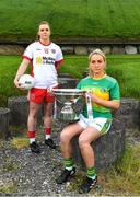 24 May 2022; Niamh O'Neill of Tyrone, left, and Clare Owens of Leitrim with the Mary Quinn memorial cup at the Knowth megalithic passage-tomb site in County Meath. TG4 has today announced a five-year extension of their sponsorship of the All-Ireland Ladies Football inter-county championships, with the new deal set to last until the conclusion of the 2027 season. The 2022 TG4 All-Ireland Ladies Football Championships get underway next Sunday, May 29, with the first round of Intermediate Fixtures, and will conclude on Sunday, July 31, when the winners of the Junior, Intermediate & Senior Championships will be revealed. 13 Championship games will be broadcast exclusively live by TG4 throughout the season, with the remaining 47 games available to view on the LGFA and TG4’s dedicated online platform: https://page.inplayer.com/lgfaseason2022/tg4.html In addition, the TG4 Leinster Senior Final between Dublin and Meath will also be televised live by TG4 from Croke Park next Saturday, May 28. #ProperFan . Photo by Brendan Moran/Sportsfile