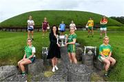 24 May 2022; Máire Ní Bhraonáin of TG4 and Orlagh Lally of Meath with the Brendan Martin cup and players from the Intermediate, Junior and Senior Championships, from left, Róisín Ambrose of Limerick, Karen McGrath of Waterford, Olivia Divilly of Galway, Jennifer Dunne of Dublin, Niamh O'Neill of Tyrone, Susanne White of Donegal, Clíodhna Ní Shé of Carlow and Clare Owens of Leitrim at the Knowth megalithic passage-tomb site in County Meath. TG4 has today announced a five-year extension of their sponsorship of the All-Ireland Ladies Football inter-county championships, with the new deal set to last until the conclusion of the 2027 season. The 2022 TG4 All-Ireland Ladies Football Championships get underway next Sunday, May 29, with the first round of Intermediate Fixtures, and will conclude on Sunday, July 31, when the winners of the Junior, Intermediate & Senior Championships will be revealed. 13 Championship games will be broadcast exclusively live by TG4 throughout the season, with the remaining 47 games available to view on the LGFA and TG4’s dedicated online platform: https://page.inplayer.com/lgfaseason2022/tg4.html In addition, the TG4 Leinster Senior Final between Dublin and Meath will also be televised live by TG4 from Croke Park next Saturday, May 28. #ProperFan . Photo by Brendan Moran/Sportsfile
