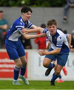 21 May 2022; Matthew Broderick of College Corinthians AFC celebrates with teammate Conor O'Sullivan, left, after scoring their side's second goal during the FAI Centenary Under 17 Cup Final 2021/2022 match between Corduff FC, Dublin, and College Corinthians AFC, Cork, at Home Farm Football Club in Dublin. Photo by Brendan Moran/Sportsfile