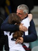 21 May 2022; Keeva Flynn of Kildare is congratulated by her dad, Aidan, after the Ladies Football U14 All-Ireland Gold Final match between Kildare and Tipperary at Crettyard GAA in Laois. Photo by Ray McManus/Sportsfile