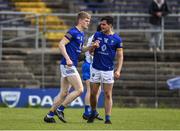 21 May 2022; Kevin Quinn of Wicklow celebrates with team-mate Eoin Darcy after scoring his side's first goal during the Tailteann Cup Preliminary Round match between Wicklow and Waterford at County Grounds in Aughrim, Wicklow. Photo by Daire Brennan/Sportsfile