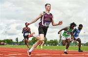 21 May 2022; Joe Burke of Our Ladys Templemore, Tipperary, crosses the line to win the junior boys 100m during the Irish Life Health Munster Schools Track and Field Championships at Templemore AC, in Templemore, Tipperary. Photo by Sam Barnes/Sportsfile