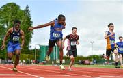 21 May 2022; Praise Wenegieme of Col Muire Crosshaven, Cork, dips for the line whilst competing in the intermediate boys 100m during the Irish Life Health Munster Schools Track and Field Championships at Templemore AC, in Templemore, Tipperary. Photo by Sam Barnes/Sportsfile