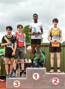 21 May 2022; Minor boys high jump medallists, from left, Bao Foley of Mercy Mounthawk Tralee, Kerry, and Adam O'Brien of Pobalscoil na Trionoide, Cork, joint bronze, Ryan Onah of Ashton Cork, gold, and Oisin O'Leary of Scoil Phobail Sliabh Luchra, Kerry, bronze, during the Irish Life Health Munster Schools Track and Field Championships at Templemore AC, in Templemore, Tipperary. Photo by Sam Barnes/Sportsfile