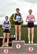 21 May 2022; Girls U16 Mile medallists, from left, Alanna Spillane of Ursuline Secondary School, Thurles, Tipperary, bronze, Eve Dunphy of Abbey Community College, Waterford, and Noelle Dillon of Pres Listowel, Kerry, during the Irish Life Health Munster Schools Track and Field Championships at Templemore AC, in Templemore, Tipperary. Photo by Sam Barnes/Sportsfile