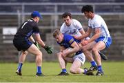 21 May 2022; Kevin Quinn of Wicklow in action against Waterford players, left to right, Aaron Beresford, Liam Fennell and Shane Doyle during the Tailteann Cup Preliminary Round match between Wicklow and Waterford at County Grounds in Aughrim, Wicklow. Photo by Daire Brennan/Sportsfile