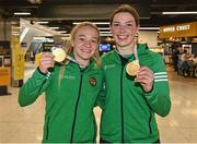 21 May 2022; Amy Broadhurst and Lisa O'Rourke of Ireland at Dublin Airport on their return from the IBA Women's World Boxing Championships 2022 in Turkey. Photo by Oliver McVeigh/Sportsfile