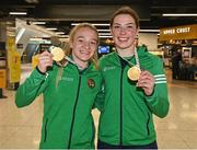 21 May 2022; Amy Broadhurst and Lisa O'Rourke of Ireland at Dublin Airport on their return from the IBA Women's World Boxing Championships 2022 in Turkey. Photo by Oliver McVeigh/Sportsfile
