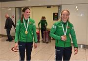 21 May 2022; Lisa O'Rourke and Amy Broadhurst of Ireland at Dublin Airport on their return from the IBA Women's World Boxing Championships 2022 in Turkey. Photo by Oliver McVeigh/Sportsfile
