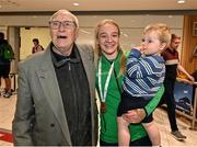21 May 2022; Amy Broadhurst of Ireland with her grandad Paddy Sands and nephew Zac Broadhurst at Dublin Airport on their return from the IBA Women's World Boxing Championships 2022 in Turkey. Photo by Oliver McVeigh/Sportsfile