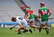 21 May 2022; Cathal McCabe of Kildare in action against Daniel Huane and Joseph McManus, right, of Mayo during the Christy Ring Cup Final match between Kildare and Mayo at Croke Park in Dublin. Photo by Piaras Ó Mídheach/Sportsfile
