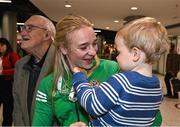 21 May 2022; Amy Broadhurst of Ireland with her grandad Paddy Sands and nephew Zac Broadhurst at Dublin Airport on their return from the IBA Women's World Boxing Championships 2022 in Turkey. Photo by Oliver McVeigh/Sportsfile