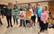 21 May 2022; Amy Broadhurst of Ireland with her family and friends at Dublin Airport on their return from the IBA Women's World Boxing Championships 2022 in Turkey. Photo by Oliver McVeigh/Sportsfile