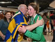 21 May 2022; Lisa O'Rourke of Ireland welcomed by friends at Dublin Airport on their return from the IBA Women's World Boxing Championships 2022 in Turkey. Photo by Oliver McVeigh/Sportsfile