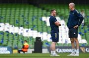 21 May 2022; Peter Dooley, left, and Devin Toner of Leinster walk the pitch before the United Rugby Championship match between Leinster and Munster at Aviva Stadium in Dublin. Photo by Brendan Moran/Sportsfile