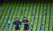 21 May 2022; Jonathan Sexton, left, and Ryan Baird of Leinster before the United Rugby Championship match between Leinster and Munster at Aviva Stadium in Dublin. Photo by Brendan Moran/Sportsfile