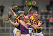 21 May 2022; Lee Chin of Wexford in action against Tommy Walsh, left, and Adrian Mullen of Kilkenny during the Leinster GAA Hurling Senior Championship Round 5 match between Kilkenny and Wexford at UPMC Nowlan Park in Kilkenny. Photo by Stephen McCarthy/Sportsfile