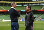 21 May 2022; Leinster head coach Leo Cullen speaks with Munster head coach Johann van Graan before the United Rugby Championship match between Leinster and Munster at the Aviva Stadium in Dublin. Photo by Harry Murphy/Sportsfile