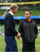 21 May 2022; Leinster head coach Leo Cullen speaks with Munster head coach Johann van Graan before the United Rugby Championship match between Leinster and Munster at the Aviva Stadium in Dublin. Photo by Harry Murphy/Sportsfile