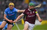 21 May 2022; Cianan Fahy of Galway in action against Daire Gray of Dublin during the Leinster GAA Hurling Senior Championship Round 5 match between Galway and Dublin at Pearse Stadium in Galway. Photo by Ray Ryan/Sportsfile