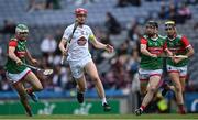 21 May 2022; James Burke of Kildare in action against Mayo players, from left, Adrian Philips, Keith Higgins and Conal Hession during the Christy Ring Cup Final match between Kildare and Mayo at Croke Park in Dublin. Photo by Piaras Ó Mídheach/Sportsfile
