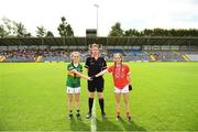 21 May 2022; Referee Patrick Smith with Cork captain Megan Barrett and Kerry captain Jamie Lee O'Connor before the Ladies Football U14 All-Ireland Platinum Final match between Cork and Kerry at Páirc Uí Rinn in Cork. Photo by Eóin Noonan/Sportsfile