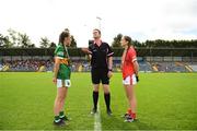 21 May 2022; Referee Patrick Smith with Cork captain Megan Barrett and Kerry captain Jamie Lee O'Connor before the Ladies Football U14 All-Ireland Platinum Final match between Cork and Kerry at Páirc Uí Rinn in Cork. Photo by Eóin Noonan/Sportsfile