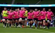 21 May 2022; Leinster captain Ed Byrne leads his side in the warm up before the United Rugby Championship match between Leinster and Munster at Aviva Stadium in Dublin. Photo by Brendan Moran/Sportsfile