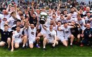 21 May 2022; Kildare captain Brian Byrne lifts the cup during the celebrations after his side's victory in the Christy Ring Cup Final match between Kildare and Mayo at Croke Park in Dublin. Photo by Piaras Ó Mídheach/Sportsfile