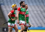 21 May 2022; Mayo players, from left, Gary Nolan, Gerard McManus and Keith Higgins after their side's defeat in the Christy Ring Cup Final match between Kildare and Mayo at Croke Park in Dublin. Photo by Piaras Ó Mídheach/Sportsfile