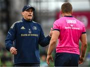 21 May 2022; Leinster backs coach Felipe Contepomi speaks with Jordan Larmour of Leinster before the United Rugby Championship match between Leinster and Munster at the Aviva Stadium in Dublin. Photo by Harry Murphy/Sportsfile