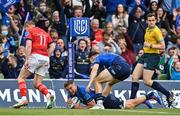 21 May 2022; Scott Penny of Leinster scores his side's first try during the United Rugby Championship match between Leinster and Munster at Aviva Stadium in Dublin. Photo by Brendan Moran/Sportsfile