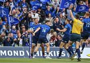 21 May 2022; Scott Penny of Leinster celebrates with teammate Rob Russell after scoring their side's first try his side's first try during the United Rugby Championship match between Leinster and Munster at Aviva Stadium in Dublin. Photo by Brendan Moran/Sportsfile