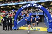 21 May 2022; Leinster captain Ed Byrne leads the team out before the United Rugby Championship match between Leinster and Munster at the Aviva Stadium in Dublin. Photo by Harry Murphy/Sportsfile