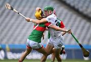 21 May 2022; Jack Sheridan of Kildare and David Kenny of Mayo tussle during the Christy Ring Cup Final match between Kildare and Mayo at Croke Park in Dublin. Photo by Piaras Ó Mídheach/Sportsfile