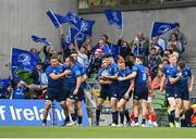 21 May 2022; Scott Penny of Leinster, left, celebrates with teammates after scoring his side's first try during the United Rugby Championship match between Leinster and Munster at the Aviva Stadium in Dublin. Photo by Harry Murphy/Sportsfile