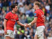 21 May 2022; Mike Haley of Munster celebrates with teammate Joey Carbery after scoring his side's second try during the United Rugby Championship match between Leinster and Munster at the Aviva Stadium in Dublin. Photo by Harry Murphy/Sportsfile