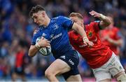 21 May 2022; Cormac Foley of Leinster on the way to scoring his side's second try despite the tackle of Mike Haley of Munster during the United Rugby Championship match between Leinster and Munster at Aviva Stadium in Dublin. Photo by Brendan Moran/Sportsfile