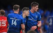 21 May 2022; Cormac Foley of Leinster celebrates with teammates Rob Russell and Joe McCarthy after scoring their side's second try during the United Rugby Championship match between Leinster and Munster at Aviva Stadium in Dublin. Photo by Brendan Moran/Sportsfile