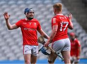 21 May 2022; Louth players Jamie McDonnell, left, and Pádraig Fallon celebrate after their side's victory in the Lory Meagher Cup Final match between Longford and Louth at Croke Park in Dublin. Photo by Piaras Ó Mídheach/Sportsfile