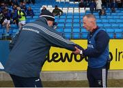 21 May 2022; Laois manager Seamus Plunkett, left, shakes hands with Westmeath manager Joe Fortune after the Leinster GAA Hurling Senior Championship Round 5 match between Laois and Westmeath at MW Hire O’Moore Park in Portlaoise, Laois. Photo by Michael P Ryan/Sportsfile